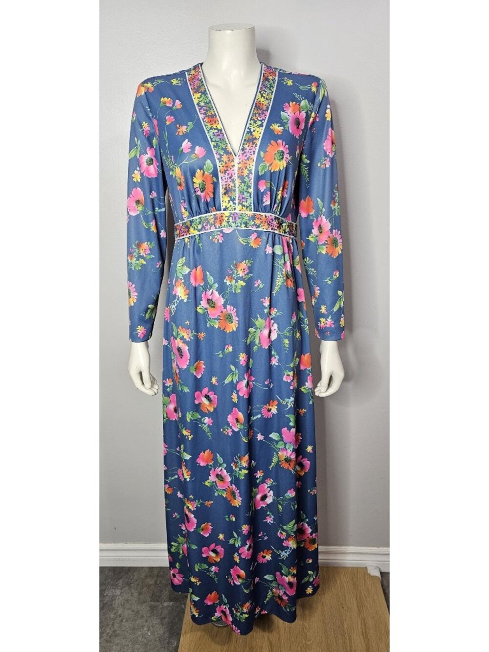 Vintage 1970s Hal Ferman Blue and Pink Floral Maxi Dress